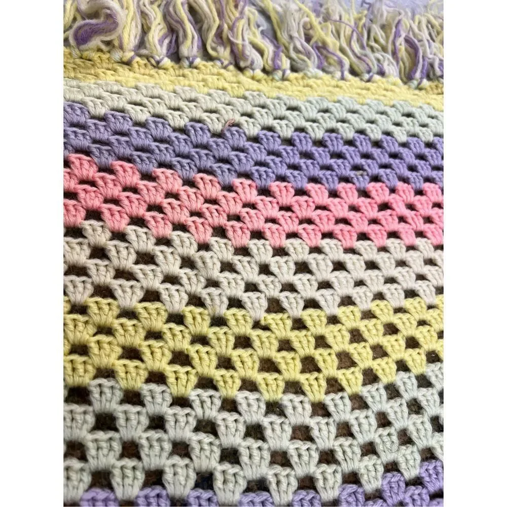 Multicolor Striped Fringe Knitted Blanket Size 80” x 83”